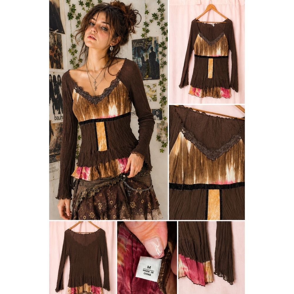 Y2K‎ Mesh Fairy Grunge Peasant Top Brown Sheer Lace Boho Hippie Babydoll M